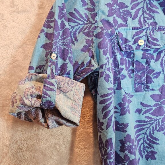 Jamaica Jaxx Linen Blend Tropical Shirt Womens XL Blue Purple Floral Lightweight - Picture 3 of 11